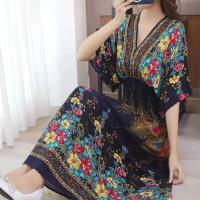 Casual bohemio estilo nacional con cuello en V cintura elástica gran Swing impreso verano Falda larga mujer vestido ropa - details 32