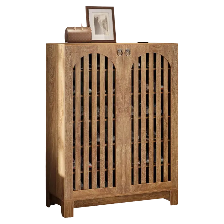 6 niveles con puertas de láminas, 24 pares de zapateros de granja con estantes ajustables, estante organizador de madera para entrada, pasillo, salón (marrón) - 1