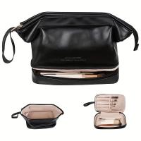 Bolsa de maquillaje de doble capa minimalista, bolsa de cosméticos de color sólido, bolsa de aseo de viaje - details 2