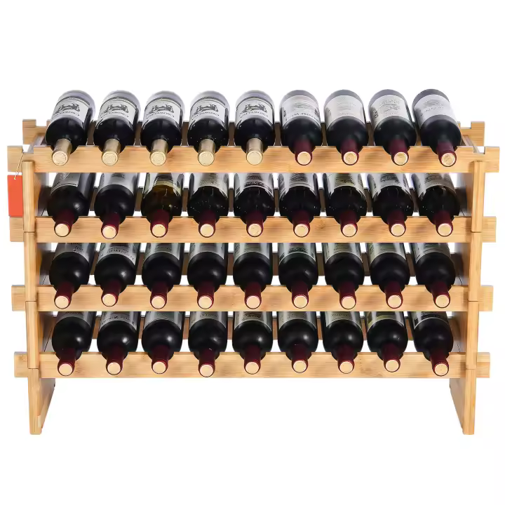 SucceBuy Botellero modular apilable de 36 botellas y 4 niveles, natural, hecho de madera maciza de bambú - 1