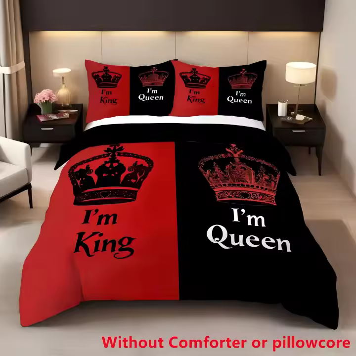 Funda de Edredón de Tela 3D Impresa Diseño de Corona de Rey y Reina Ropa de Cama Suave - 1