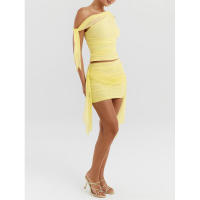 Conjunto de dos piezas informal de moda para mujer, gran venta 2024, falda corta ajustada fruncida sexy con parches de malla - details 5