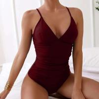 Traje de baño de una pieza acolchado vintage para mujer, elástico de corte alto con control de barriga, traje de baño con cuello cuadrado - details 18