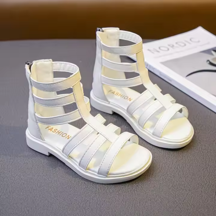 Sandalias de gladiador para niñas, zapatos de princesa con banda estrecha, botas romanas, color blanco y negro, verano 2022 - 1