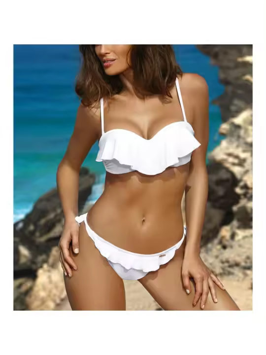 Bañador de banda con volantes negros para mujer, traje de baño femenino de realce, conjunto de Bikini con sujetador y Copa, traje de baño de corte alto azul de Color sólido 2025 - 1