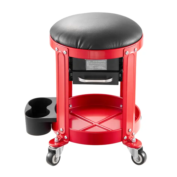 SucceBuy Taburete mecánico rodante con ruedas, asiento de garaje/taburete de trabajo con capacidad de 300 libras, asiento rodante acolchado con altura fija, bandeja para herramientas y 2 cajones, rojo + negro - 1