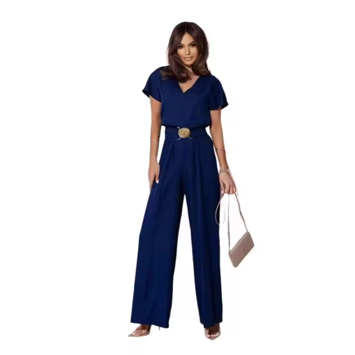 Monos de manga corta con cuello en V para mujer, vestidos de cintura alta con pantalones, azul marino S - 1