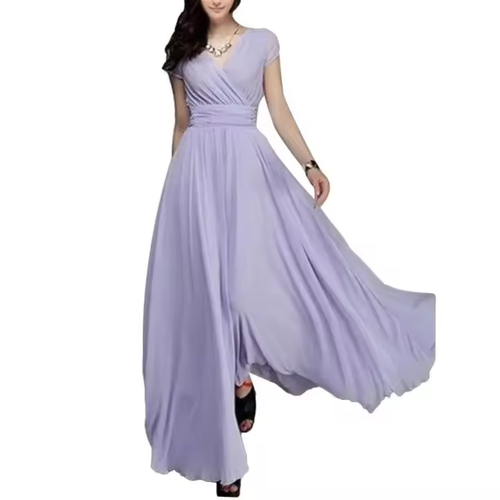 Gran oferta, vestido de noche largo bohemio de Color sólido con manga corta y cuello en V, cintura ajustada - 1