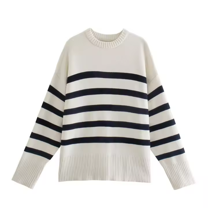 Suéter suelto de punto a rayas para mujer, jersey de manga larga con cuello redondo, ropa de calle informal, Otoño e Invierno - 1