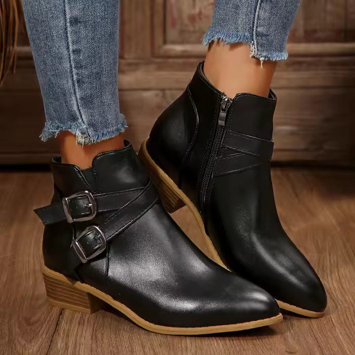 2025 otoño e invierno nuevo europeo y americano de gran tamaño cabeza puntiaguda tacón cuadrado cremallera lateral botas cortas de moda y cómodas mujeres 36-43 - 1