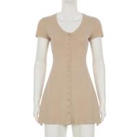 2025 Mini vestido de verano innovador de punto elegante con cuello en V y botones de manga corta ropa informal de alta elasticidad para mujer - details 6
