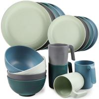Juego de vajilla de plástico indestructible de 16 piezas, que incluye 4 platos grandes, 4 platos pequeños, 4 tazones y 4 tazas de vajilla ligera, compatible con lavavajillas y microondas, adecuado para mesas de comedor, picnics y camping - details 0