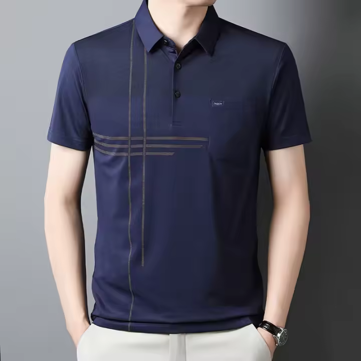 Camiseta corta con solapa de seda helada para hombres de mediana edad y mayores, top de media manga - 1