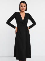 Estilo francés elegante satén de seda de hielo con cuello en V versátil negro largo Dre para mujer - details 6