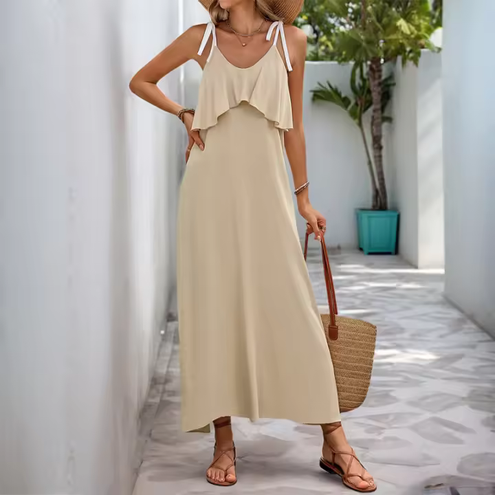 Vestido de color sólido nuevo 2025 con tirantes decorativos y borde largo con volantes para vacaciones de ocio transfronterizas europeas y americanas - 1