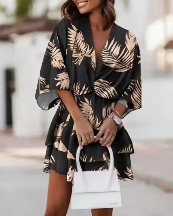 BUNO-Vestido holgado con cuello en V y manga murciélago para mujer, minivestido informal con volantes y corte en A, ropa de playa para vacaciones 2024 - 1