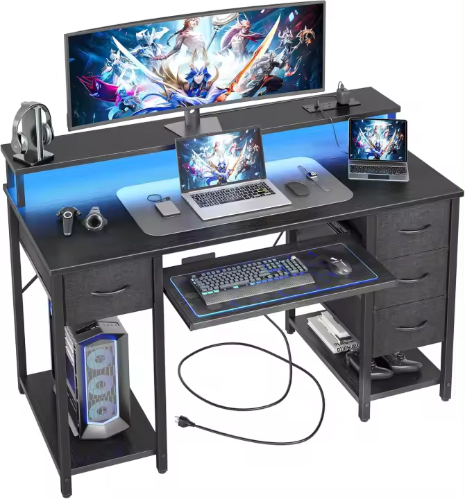 Moderno LED con Regleta Enchufes - Mesa Gaming Ordenador con Bandeja para Teclado, 4 Cajones Reversibles, Grande Soporte Monitor para Estudiar Jugar Trabajar Dormitorio - 1