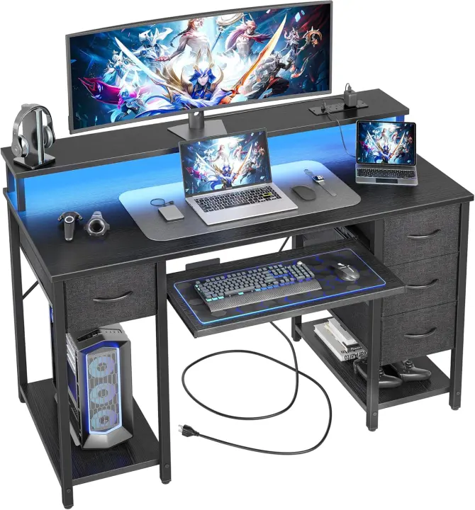Moderno LED con Regleta 120x50 cm Mesa de Juegos de Ordenador Soporte Grande para Monitor, 4 Cajones Reversibles, Ideal para Estudiar Juegar Trabajar Dormitorio - 1