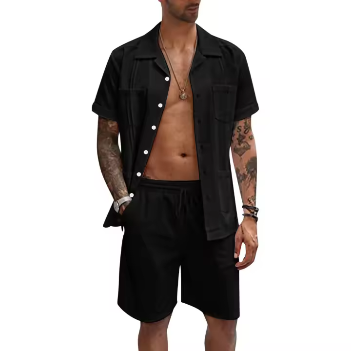 Traje casual minimalista de pantalones cortos de lino de manga corta - 1