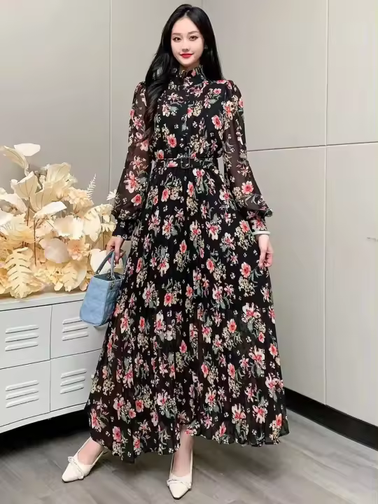 2024 nueva primavera otoño mujeres cuello con volantes manga cinturón ajustado largo dulce plisado dobladillo grande vestido de gasa ral - 1