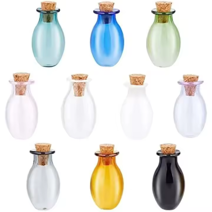 10 Uds. Botellas de vidrio, frascos de hechizos pequeños de colores, viales ovalados con tapón de corcho, botella a la deriva - 1
