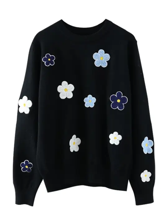Jersey bordado floral coreano, suéter de alta calidad para mujer, elegantes tops de punto con cuello redondo - 1