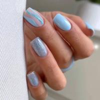 Juego De Uñas Postizas Cortas Redondas Glacial Azul Con Tiras Adhesivas Set Completo Para Manicura DIY En Salón Uñas Postizas Francesas Desmontables - details 4