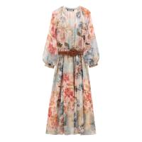 Vestido Midi de Moda de Otoño para Mujer Cintura Elástica, Mangas Largas, Estampado HipSeam con Cinturón Vestidos de Moda para Mujeres - details 0