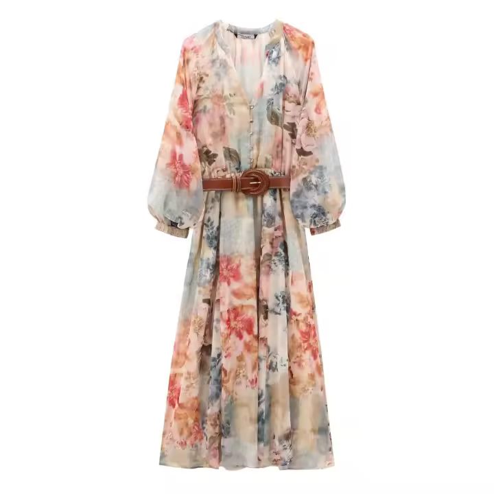 Vestido Midi de Moda de Otoño para Mujer Cintura Elástica, Mangas Largas, Estampado HipSeam con Cinturón Vestidos de Moda para Mujeres - 1
