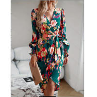 Women long sleeve multi color print tie v neck irregular midi slim party dress - details 2
