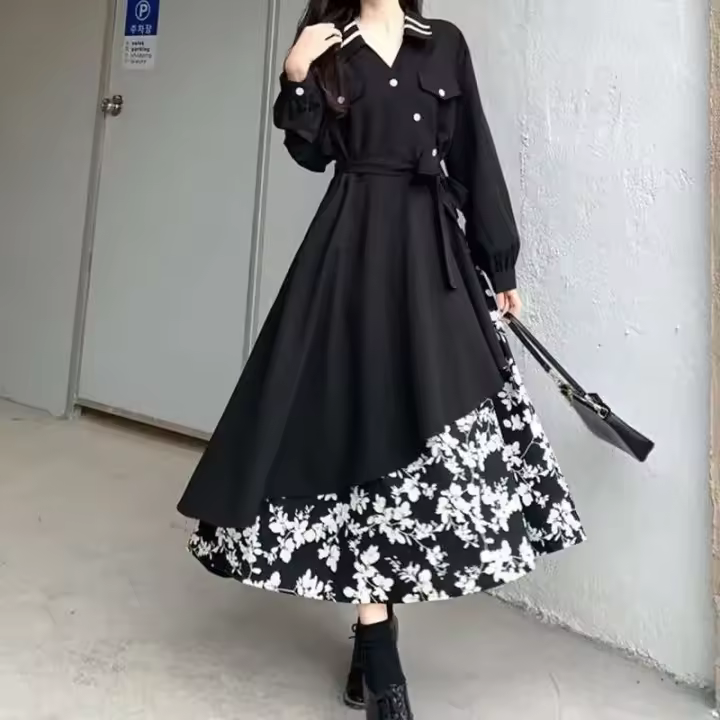 Elegante Vestido de Moda Casual para Mujer Corte A-line de Cintura Alta y Manga Larga con Detalles de Parche de Botón Todo Emparejamiento - 1