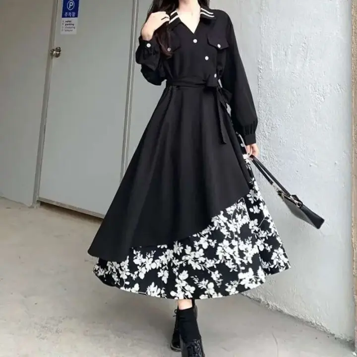Elegante Vestido de Moda Casual para Mujer Corte A-line de Cintura Alta y Manga Larga con Detalles de Parche de Botón Todo Emparejamiento - 1