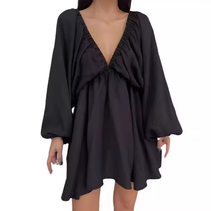 moda casual, ds de manga larga con cuello en V para mujer, moda ds de manga esponjosa, , - 1