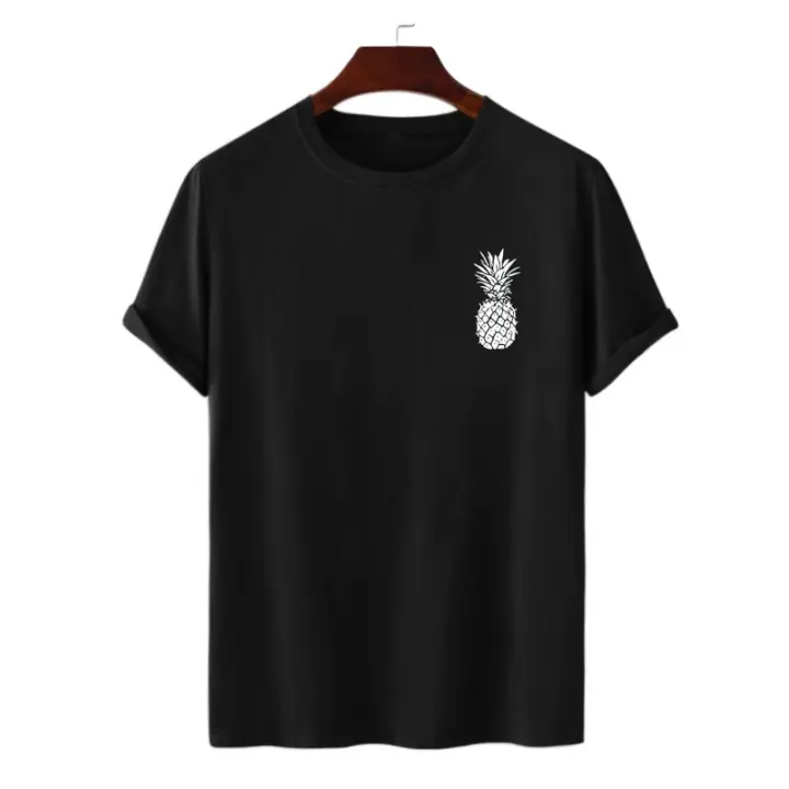 Camiseta casual de algodón de manga corta para hombre con estampado de piña, cuello redondo, color beige claro, ajuste regular, tela no elástica, camiseta de uso diario |     Camisa de cuello redondo |     Textura suave - 1