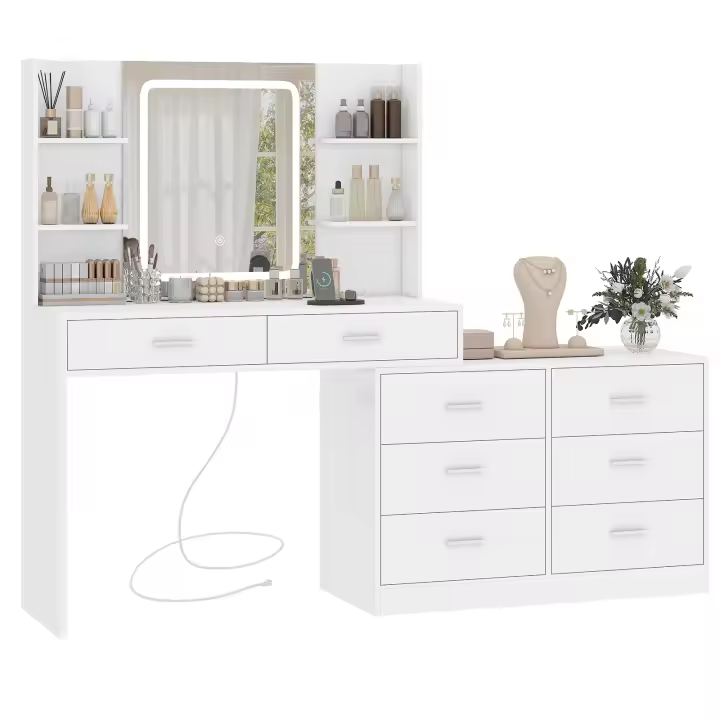 Tocador con Espejo LED 8 Cajones, 6 Estantes, 3 Modos de Color y Brillo Ajustables - 1