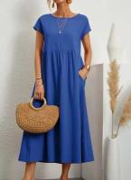 Vestido retro liso elegante de lino y algodón de manga corta con cuello redondo para mujer, vestido suelto informal de verano 2023 - details 8