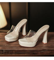 Transparente tacones altos impermeable mesa de una palabra cristal zapatillas frescas tacón grueso hermoso desgaste exterior verano super tacón alto - details 33