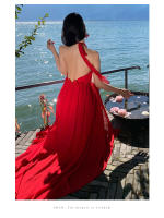 Vestido de vacaciones halter rojo vestido de playa dividido ropa de foto junto al mar falda con tirantes de cuello de hada súper - details 9