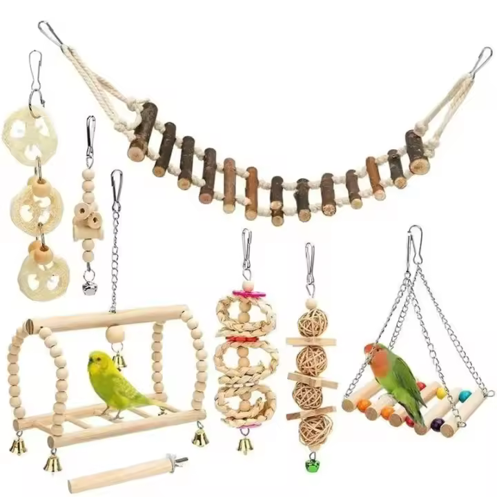 Juego de juguetes de madera para pájaros y loros, Set de 8 piezas, para morder, para entrenamiento de aves - 1