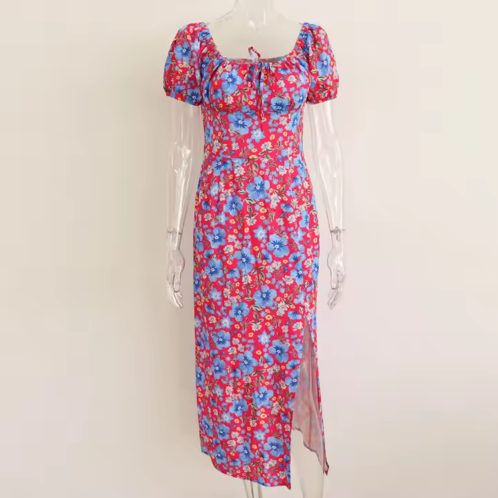 Vestido de mujer, novedad de verano 2025, vacaciones, pausa para el té, cuello cuadrado, falda de longitud media, mangas de burbuja, vestido con abertura Floral francés - 1