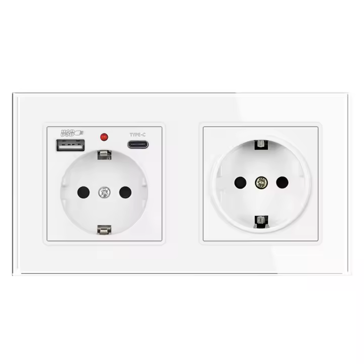 Enchufe de pared USB tipo C estándar de la UE 220V enchufes dobles,153*82mm panel de vidrio templado. - 1