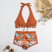 Bikini abierto con estampado de hojas retro en talla grande, conjunto de traje de baño de dos piezas con correas estables para mujer - details 62