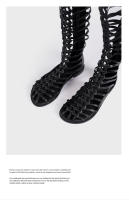 Nuevo verano botas romanas de malla de cuero alto para mujer, fondo plano ahuecado, cremallera trasera, botas geniales, sandalias largas tejidas - details 13