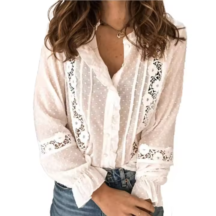 Primavera otoño mujer blusa moda Casual Flyers camisa pico cuello campaña manga larga ahueca hacia fuera Tops Oficina señora suelta - 1