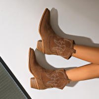 Nuevas botas cortas retro británicas delgadas con boca en V y tacón grueso de gamuza para mujer corta - details 11