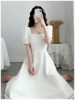 Elegante Vestido Largo Adelgazante para Mujer Manga Abullonada, Cuello Cuadrado, Ligero para el Verano con Falda Blanca Ajustada a la Cintura - details 4