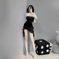 Vestido Negro sin Correas de Moda de Verano Vestido de Manga Irregular con Volantes para Mujeres - details 5