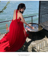 Vestido de vacaciones halter rojo vestido de playa dividido ropa de foto junto al mar falda con tirantes de cuello de hada súper - details 8
