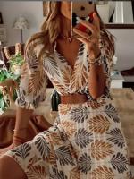 BUNO-Nuevo vestido con cuello en V para mujer, estampado floral, moda festiva, manga corta, falda de longitud media, vestidos con cinturón para verano y primavera, vestido estampado informal para mujer, moda femenina - details 6