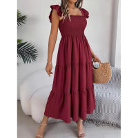 Elegante vestido largo de verano para mujer en color liso con escote cuadrado y aros decorativos, sin mangas, corte ajustado. - details 25